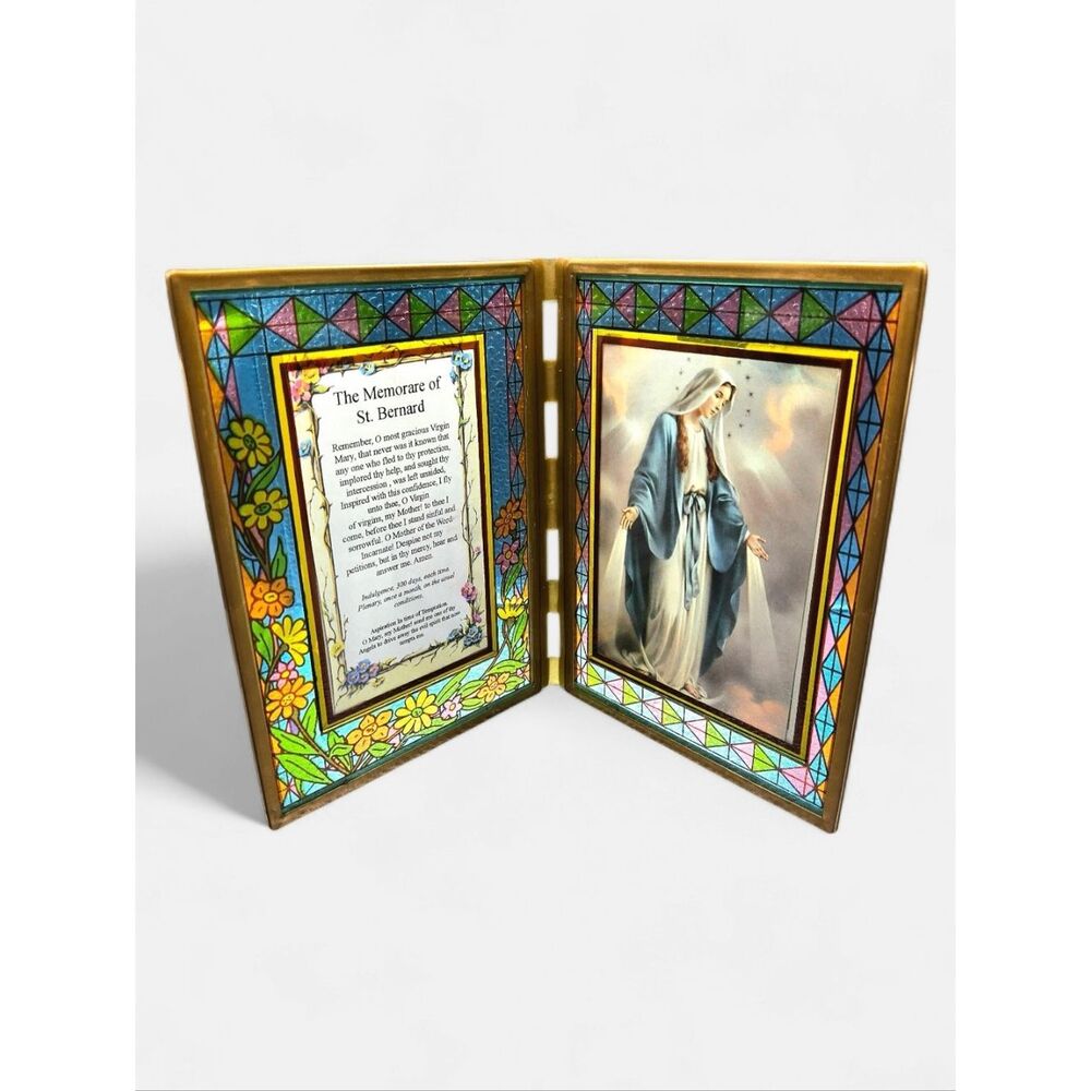 "5/$25"Stained Glass Our Lady Of Grace Memorare Of St Bernard Folding Framed Art